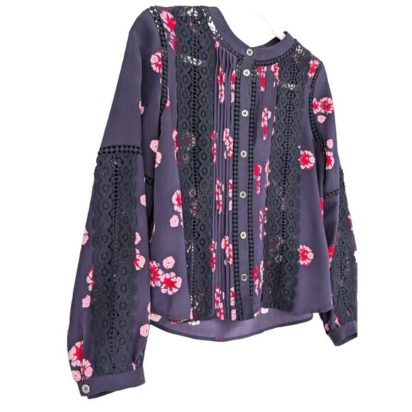 Sea New York Navy Silk Floral Lace Panel Button Up Coquette Blouse Size 2 - Picture 4 of 9